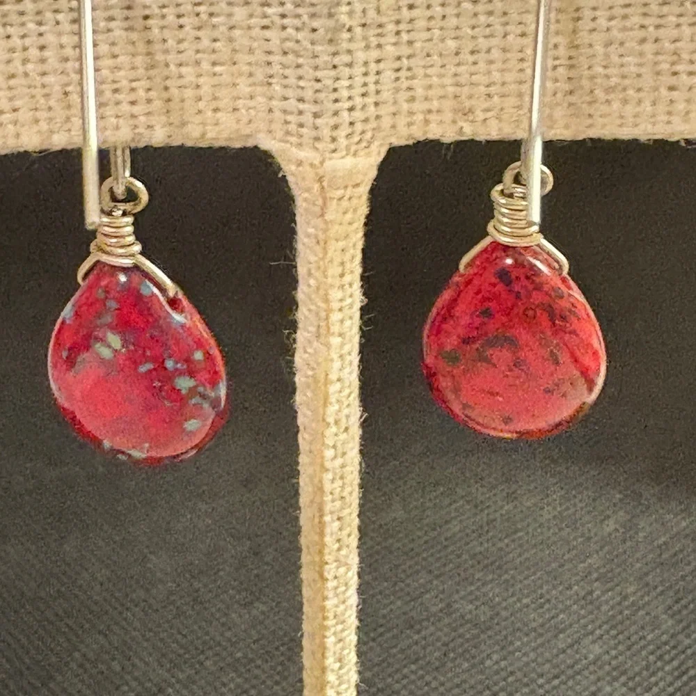 Elegant Red Teardrop Earrings in sterling silver wire